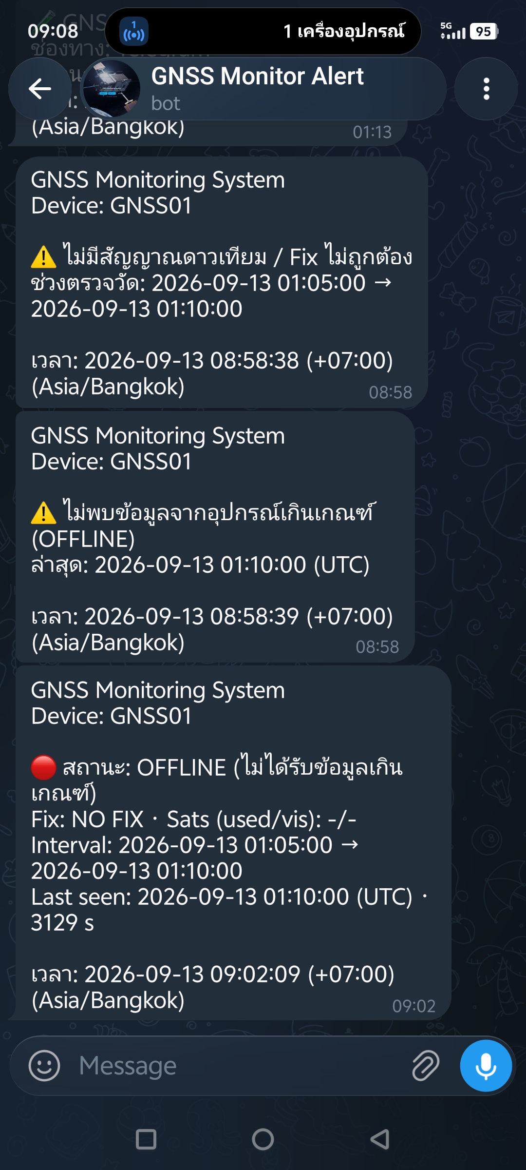 ตัวอย่างการแจ้งเตือน Telegram สถานะ GNSS01 (OFFLINE) — ภาพที่ 4
