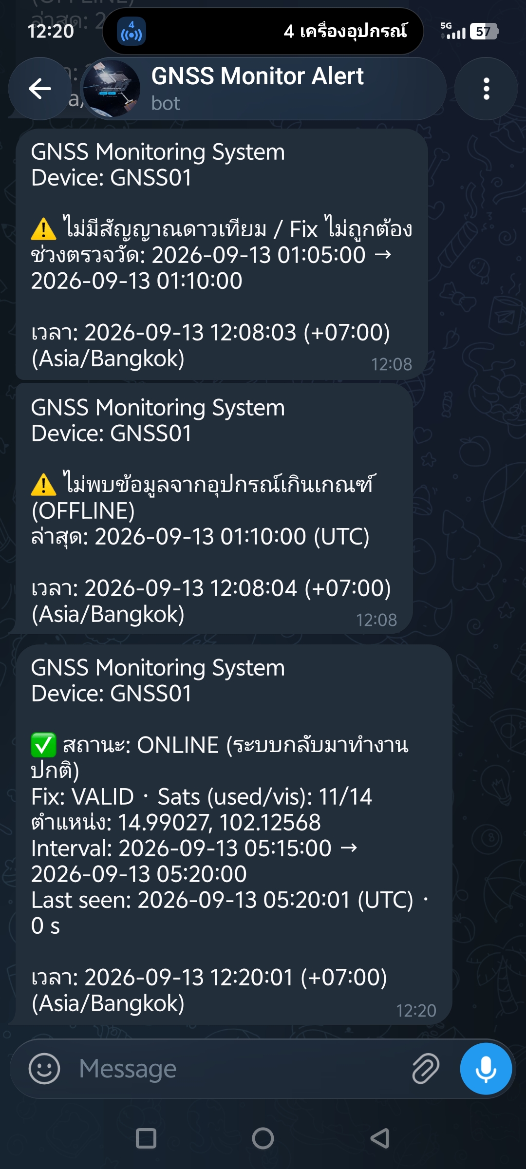 ตัวอย่างการแจ้งเตือน Telegram สถานะ GNSS01 (ONLINE) — ภาพที่ 6